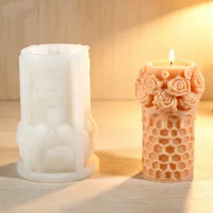 Detail view of rose honeycomb candle mold and finished scented candle with fine floral texture.