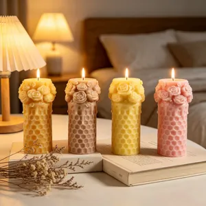 Handmade rose honeycomb scented pillar candle, aesthetic decorative candle for home bedroom decor.