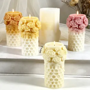 Handmade rose honeycomb scented candle and silicone mold set for unique DIY crafts.