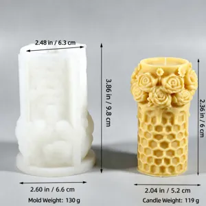 Silicone mold and beeswax candle set with rose and honeycomb texture for DIY crafts.