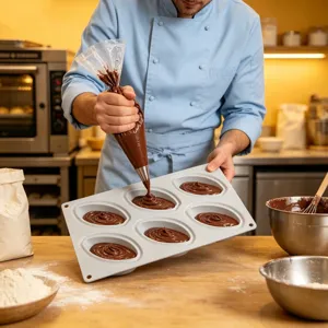 6-cavity cocoa bean silicone mold for baking chocolate, mousse cake, and pudding desserts in detail.