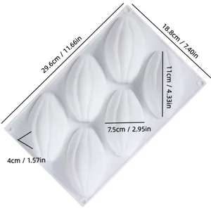 Detailed dimension view of the 6-cavity cocoa bean silicone mold for baking, mousse, and chocolate.