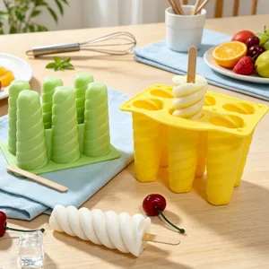 6-cavity spiral silicone popsicle mold detail view, flexible ice cream DIY tool with wooden sticks.