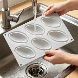 Detail view of 6-cavity cocoa bean silicone mold, perfect for baking desserts and mousse cakes.