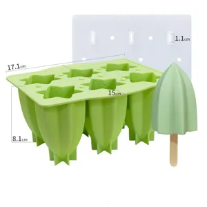 Silicone 6-cavity star ice cream mold with lid and wooden sticks for DIY popsicles.