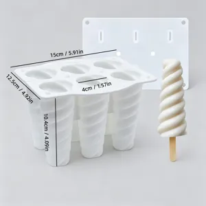 Detail view of 6-cavity spiral silicone popsicle mold with dimensions and finished ice cream.