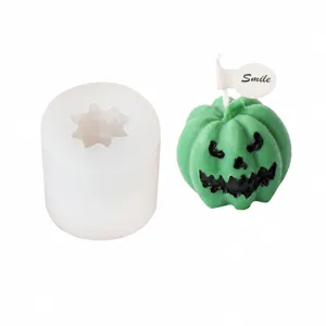 Detailed view of Halloween pumpkin silicone mold and candle finished product with size specs.