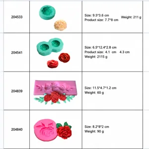 Silicone rose flower mold size chart and product specification guide for baking and crafts.