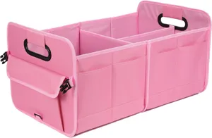 Collapsible pink car trunk organizer with multiple compartments and side storage pockets.