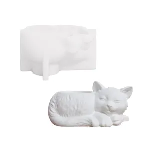 Silicone mold and finished sleeping cat pen holder, DIY resin concrete home decor.