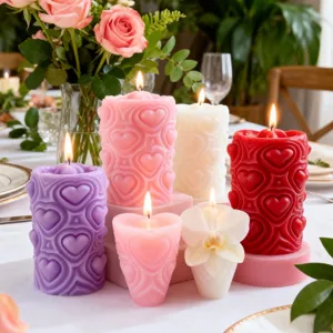 Romantic heart embossed scented pillar candles set for Valentine's day home decor and gifts.
