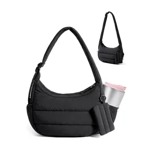 Black quilted shoulder bag casual puffy crescent dumpling bag for women daily commute.