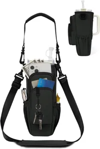 Black water bottle pouch detailed view, featuring adjustable strap, utility pockets for phone and cards.