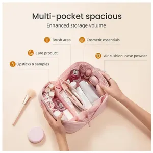 Large capacity pink cosmetic bag detail showing multi-pocket partitioned storage and compartments.