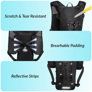 Outdoor sports hydration backpack detail, scratch resistant fabric, breathable mesh padding.