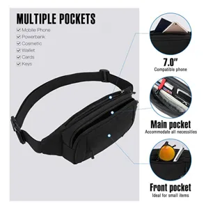 Men's multi-pocket waist bag detail showing large capacity, 7.0 phone fit, and compartments.