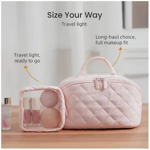 Large capacity pink quilted travel makeup bag and clear pouch set for effortless cosmetic storage.