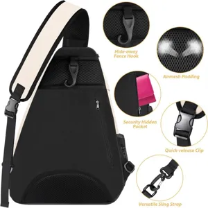 Detail view showing sling backpack features like fence hook, airmesh padding and secure pocket.