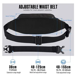 Adjustable black waist bag detail showing dimensions, strap length, and waist adjustment range.