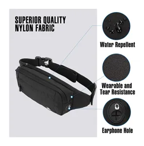 Water repellent nylon waist bag detail showing durable fabric and convenient earphone hole.