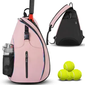 Detailed view of pink tennis sling backpack with water bottle pocket and racket holder.