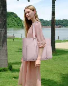 Rosa Shopper Detailansicht, große Schultertasche mit vielen Fächern für Damen Alltag.