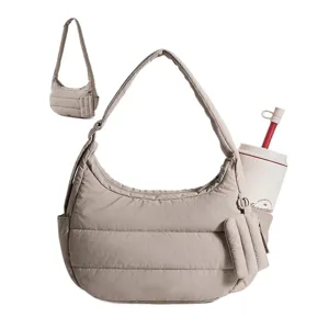 Casual quilted shoulder bag for women, lightweight nylon hobo dumpling bag with side pocket.