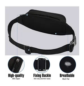 Detail view of black waist bag showing breathable mesh pad, fixing buckle and SBS zipper.