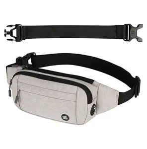 Close-up detail of the casual grey waist bag with multi compartments, black strap and secure buckle.