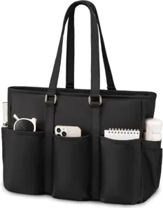 Schwarze Damen Laptoptasche Detail, Business Shopper Schultertasche mit vielen Fächern.