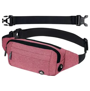 Casual pink waist bag with headphone hole, durable fabric chest bag for outdoor sports and travel.