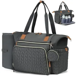 Large capacity diaper bag tote with changing pad, stylish quilted travel maternity bag.