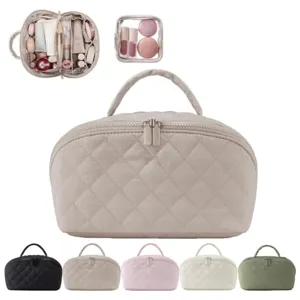 Large capacity quilted cosmetic bag with multi-compartments and handle, color variants.