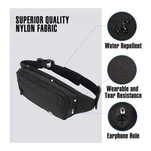 Men's water-resistant nylon waist bag fanny pack with earphone hole and durable design.