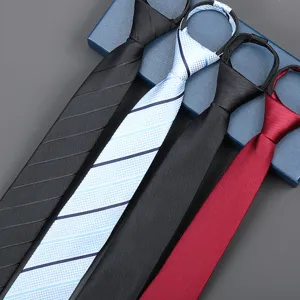 Men's zipper necktie set formal business suit wedding striped solid color gift box