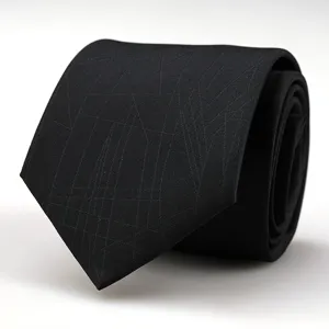 Close-up detail of a classic black necktie featuring subtle geometric line patterns.