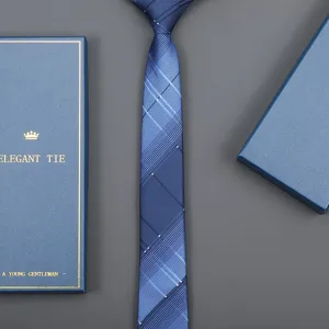Blue plaid silk tie set with elegant gift box for men business formal wear and daily use.