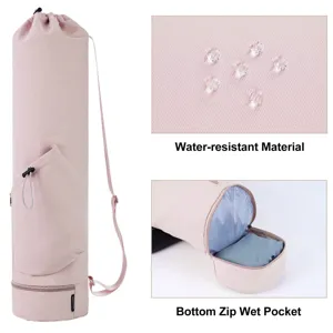 Dettaglio dello zaino da yoga rosa che mostra il materiale impermeabile e la tasca.