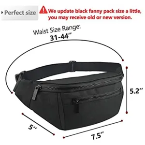 Detailed view of the black multi-pocket fanny pack showing waist size and dimensions.