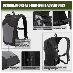 Outdoor hydration backpack detail showing 5L main compartment, breathable airmesh and straps.