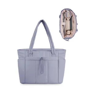 Quilted tote bag for women lightweight casual shoulder handbag with multiple practical pockets