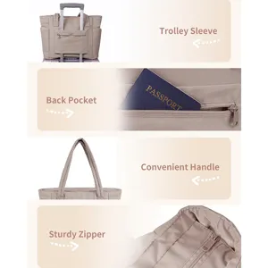 Quilted tote bag detail showcasing trolley sleeve, back pocket, and sturdy zipper for travel.