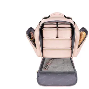 Pink travel makeup backpack with 4 removable boxes and multiple storage compartments.