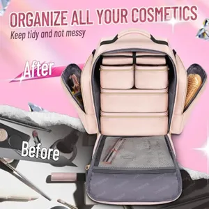 Travel cosmetic backpack with 4 detachable boxes and large capacity for makeup storage.