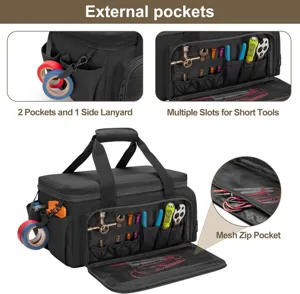 Borsa per attrezzi multifunzionale nera con tasche esterne e pratici scomparti.