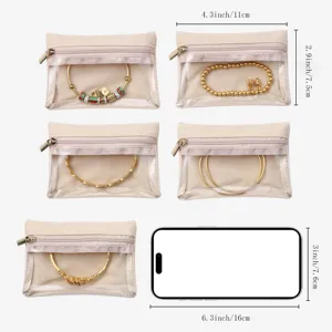 Small clear zipper pouch set, canvas and PVC jewelry storage bag with dimension details.