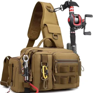 Sac de pêche tactique multifonction en plein air, sac bandoulière kaki pour la pêche aux leurres.