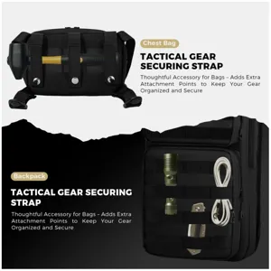 Tactical gear securing strap detail showing MOLLE webbing compatibility for outdoor bags.