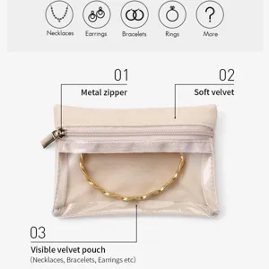 Details of the transparent velvet jewelry pouch featuring soft fabric and metal zipper.