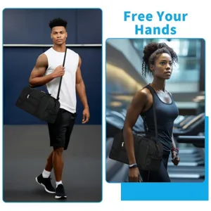 Small black sports gym duffel bag for men and women, travel shoulder crossbody luggage.